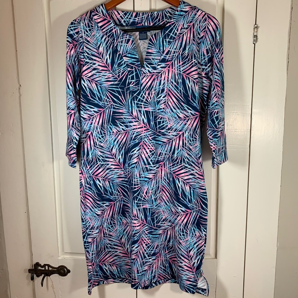 Caribbean Joe Womens Tropical Palm Print V Neck 3/4 Sleeve Dress‎ Size S